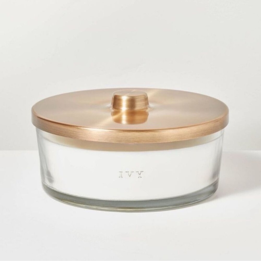 Hearth & Hand 5-Wick Clear Glass Ivy Brass Gold Knob-Lid Jar Candle 28oz NEW!